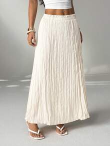 SHEIN PETITE 2025 Summer Women's Solid Color Paper Bag Waist Fashion Long Casual Skirt, Suitable For Independence Day, St. John's Day, Beach, Vacation, Graduation, Office, Beach Party, Cocktail Party, Holiday Style, Pleated, Ruffled, Skirt