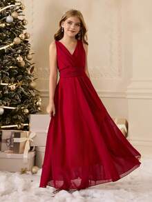 女孩优雅的勃艮第无袖中长连衣裙，适合晚会、婚礼、生日、毕业典礼、圣诞节、万圣节和其他场合