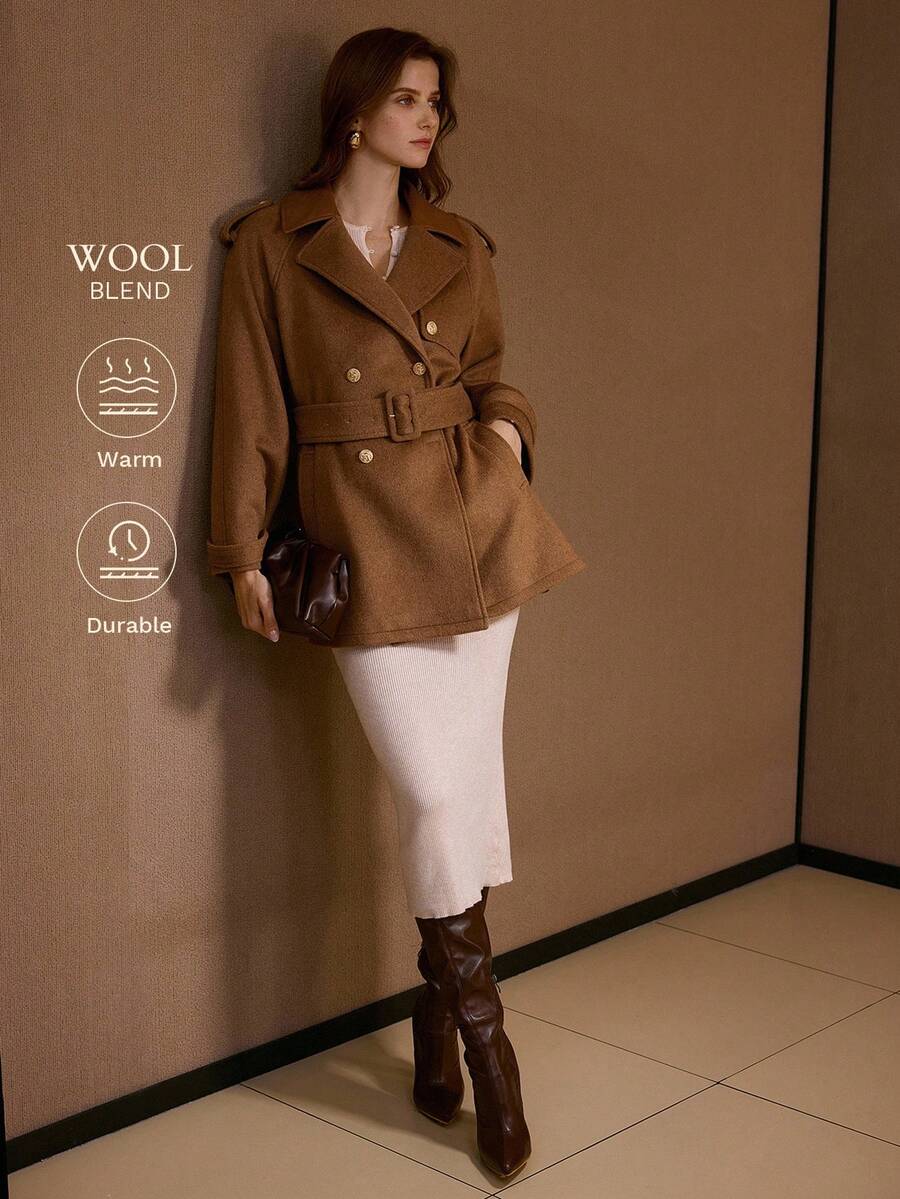 MOTF PREMIUM WOOL DOUBLE BREASTED BELTED OVERCOAT , FALL WINTER