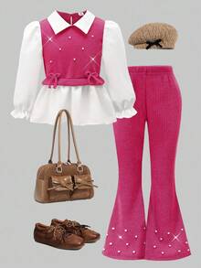 Girls' 2pcs Casual Shirt Set,Pink Pearl Bow Design Beaded Knit Ribbed Top With Flared Pants,First Birthday Autumn Outfit For Teens,Back To School - Hot Pink - View 3