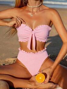 Swim Mod Bộ đồ bơi đi biển cho nữ, vải kẻ sọc hồng trắng có họa tiết, viền nhún bèo, dây đeo rời, thiết kế bandeau, bộ đồ bơi đi biển thường ngày thời trang và ngọt ngào - Hồng - Xem 9