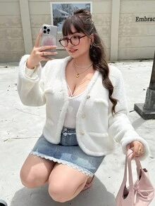 SHEIN EZwear 大码女式纯色性感简约毛绒薄款夹克，秋冬 - 白色 - 查看 5
