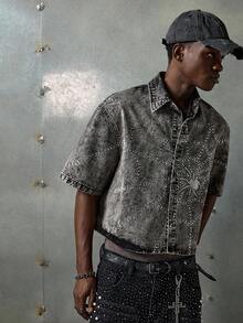 NEON BLANC Men's Casual Washed Front Button Spider Rhinestone Denim Shirt, Summer - Black - View 2