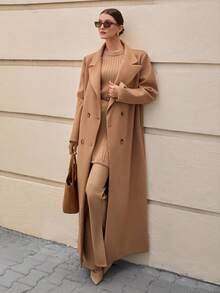 CLARA VERO Dam H-linjeformad lång ullkappa med slag, jacka, rockar, vinterkläder, jackor - Kamel - Visa 6