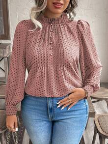 EMERY ROSE Plus Size Polka Dot Print Puff Sleeve Casual Vacation Shirt Fall - Pink - View 1