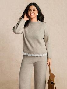 EMERY ROSE 2pcs Plus Size Solid Color Crew Neck Long Sleeve Sweater And Pants Set, Casual Knit Suit - Khaki - View 3