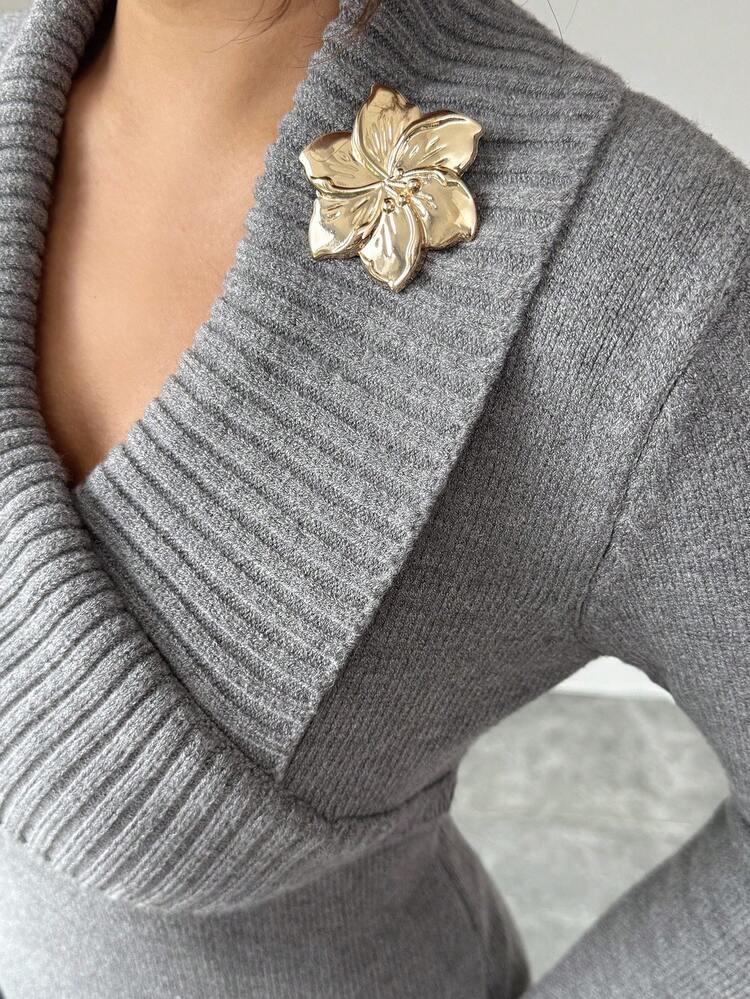 Elenzga Suéter de Tricô com Colarinho Dobrado, Manga Longa, Botão Decorativo, Elegante e Casual para Uso Diário, Outono/Inverno - Cinza - Visão 5