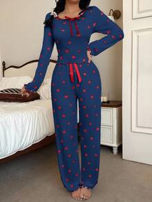 SHEIN 草莓印花长袖上衣和裤子睡衣套装，秋冬服装 - 藍色 - 查看 3