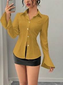 Chiquease Women's Casual Elegant Daily Versatile Cinched Waist Bell Sleeve White Striped Shirt, Autumn/Winter