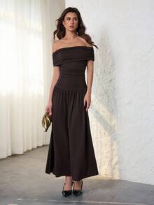 SHEIN Tall Đầm dài xếp ly cổ chữ A một bên vai cho nữ kèm chân váy lớn, thanh lịch và đa năng khi đi làm, phù hợp cho mùa thu đông - Cà phê nâu - Xem 1