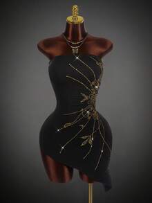 Amplova 万圣节秋季嬉皮风格水钻装饰短腰女式迷你连衣裙 - 黑色 - 查看 3