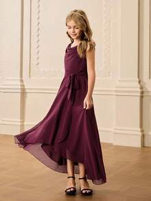 青少年女孩雪纺无袖不对称下摆连衣裙，腰带和蝴蝶结，甜美优雅，适合花童、婚礼、舞会、生日派对、圣诞节、万圣节、毕业典礼 - 酒紅色 - 查看 6