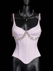 SHEIN ICON 女士粉色水晶吊坠流苏文胸吊带背心，适合派对和休闲场合 - 粉色 - 查看 3