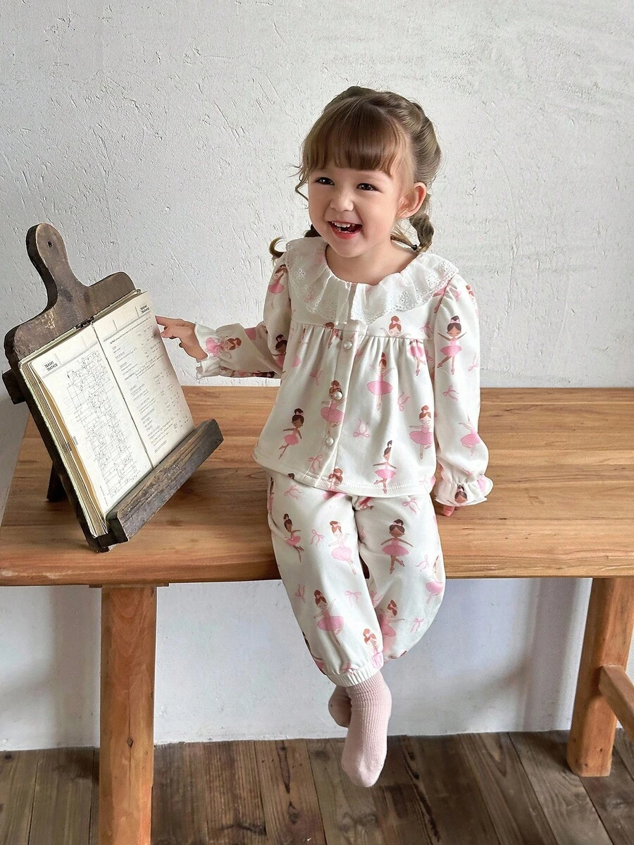 SHEIN 1 Set Girls Sweet Ballet Girl Print Outfit Lace Collar Long Sleeve Cardigan + Elastic Cuff Pants, Autumn/Winter Fall - Pink - View 1