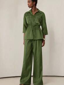 Aveloria Modichic Summer New Women's Cinched Waist Design Lapel 3/4 Sleeve Loose Casual Jumpsuit, Tie-Waist Commuter Style Two Pieces Set