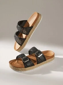 Solecia Women's Straw Woven Round Toe Flat Thick Sole Casual Vacation Beach Holiday Party Afternoon Tea Slip-On Sandals, Apricot - Apricot - View 3