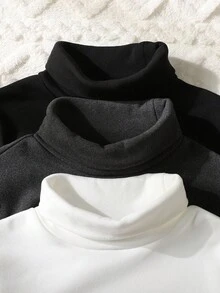 SHEIN Bộ 3 áo thun dài tay cổ cao giữ nhiệt có gân cho bé gái tuổi teen, màu đen/trắng/xám, thích hợp mặc mùa thu/đông. - Nhiều màu - Xem 4