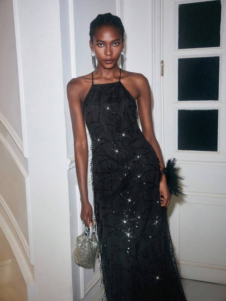 SHEIN Maija Christmas Party Season Halter Tassel Sequin Women's Dress, Autumn Dress, Halloween Costumes , Nightmare Before Christmas, New Year Dress,New Year Look, Party Dresses, Long Party Dresses, Party Outfit,Wedding Guest Dress, Fall Wedding Guest Dress, Graduation Dress, Prom Dresses For Women , Luxury Evening Dresses For Weddings, Glitter Black Dress,Backless, Loose-Fitting, Affordable Luxury Party