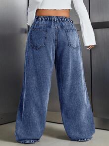 SHEIN CURVE+ Plus Size Casual Simple Denim Jeans, Suitable For Summer,Curve Plus ,Hoho Vacation - Blue - View 2