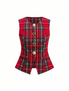 Ellevyn 女士圆领无袖红色格子开衫背心和直筒裤优雅装扮，适合日常穿着、节日、秋冬、圣诞节，两件套 - 彩色 - 查看 3