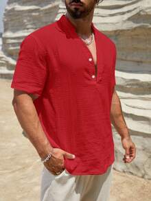 HIMLAND Men's Loose Solid Color Notch Collar Button Casual Short Sleeve Shirt Men Linen Shirts Men Summer Button Shirts Short Sleeve Men Shirt Big And Tall Men Henley Shirts Men Summer Top