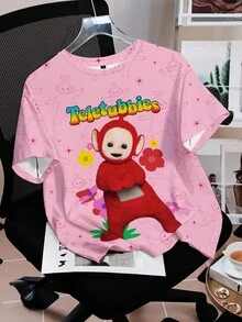 Teletubbies X SHEIN Camiseta de manga corta con gráficos de dibujos animados y letras lindas para mujer, de verano