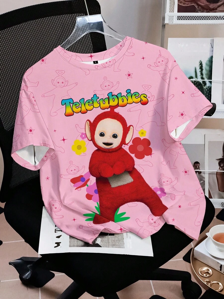 Teletubbies X SHEIN Camiseta de manga corta con gráficos de dibujos animados y letras lindas para mujer, de verano