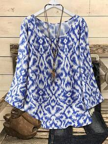Plus Size Casual Vacation All-Over Print Long Sleeve Shirt - Royal Blue - View 1