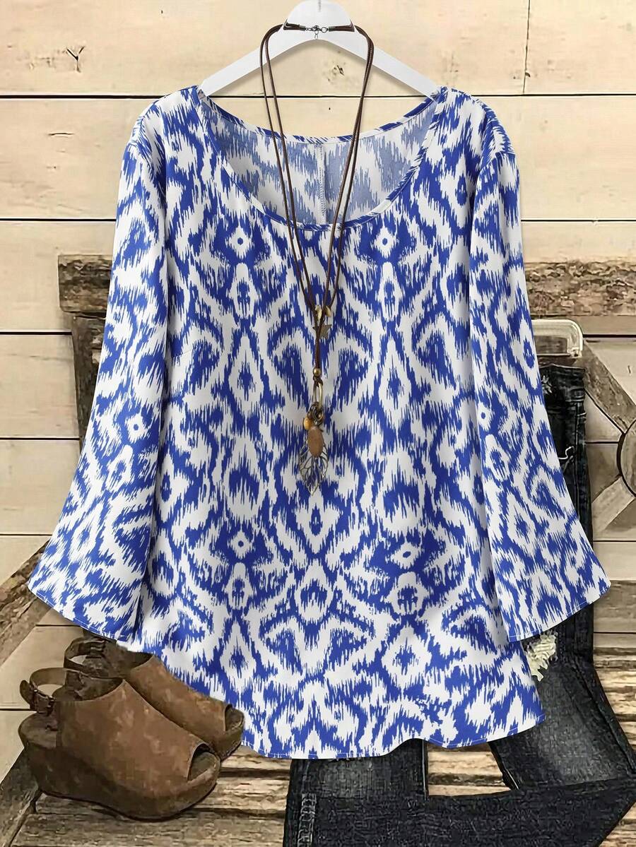 Plus Size Casual Vacation All-Over Print Long Sleeve Shirt - Royal Blue - View 1