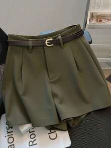 Franclia Casual & Commuting Fashion Versatile Mid-High Waist Belted Summer New Solid Color Khaki Women Shorts - Army Green - View 4
