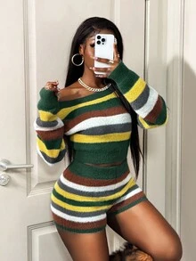 SHEIN BamGlam Women's Sweater Set, Multicolor Striped Long Sleeve Loose Crew Neck Top And Bodycon Shorts, Retro Casual Minimalist Knit 2-Piece Outfit - Multicolor - View 6