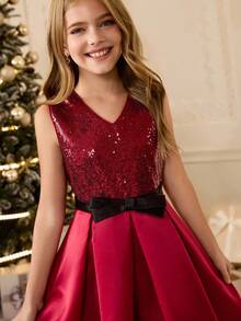 Abito elegante da ragazza con paillettes senza maniche, adatto per Natale, vestito da damigella per matrimonio, festa di compleanno, celebrazione festiva, esibizione - Rosso - Visualizzare 8
