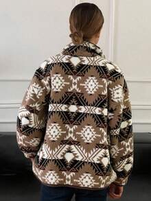 DAZY Women's Loose Casual Geometric Plaid Thermal Lined Jacket, Contrast Color Patchwork, Regular Fit, Suitable For Autumn & Winter