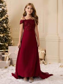 少女蕾丝雪纺露肩拖尾连衣裙，适合花童、舞会、婚礼、生日派对、圣诞节、万圣节、返校、毕业典礼 - 酒紅色 - 查看 5