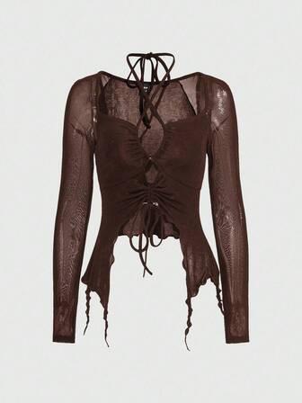 Blusa de manga larga con escote cruzado transparente y bajo asimétrico, estilo vintage, para otoño