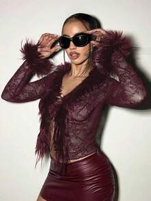 EgrlEra Women's Sexy Lace Sheer With Fluffy Patchwork Tie Waist Top Y2K - Burgundy - View 4