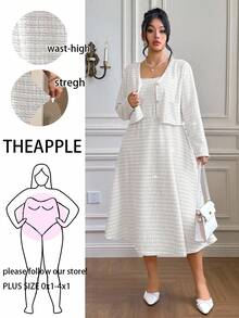 Roveilla Plus Size Women Tweed Vest Dress & Jacket 2 Pieces Set - White - View 1