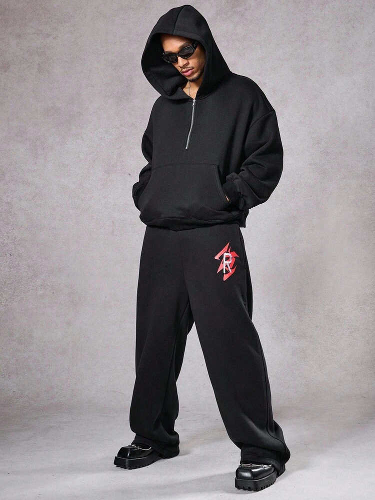 Gothic Letter Print Black Street Style Fleece Hoodie Set For Men, Autumn/Winter