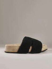 Solecia 新款时尚毛绒拖鞋，温暖一脚蹬厚底柔软舒适拖鞋 - 黑色 - 查看 1