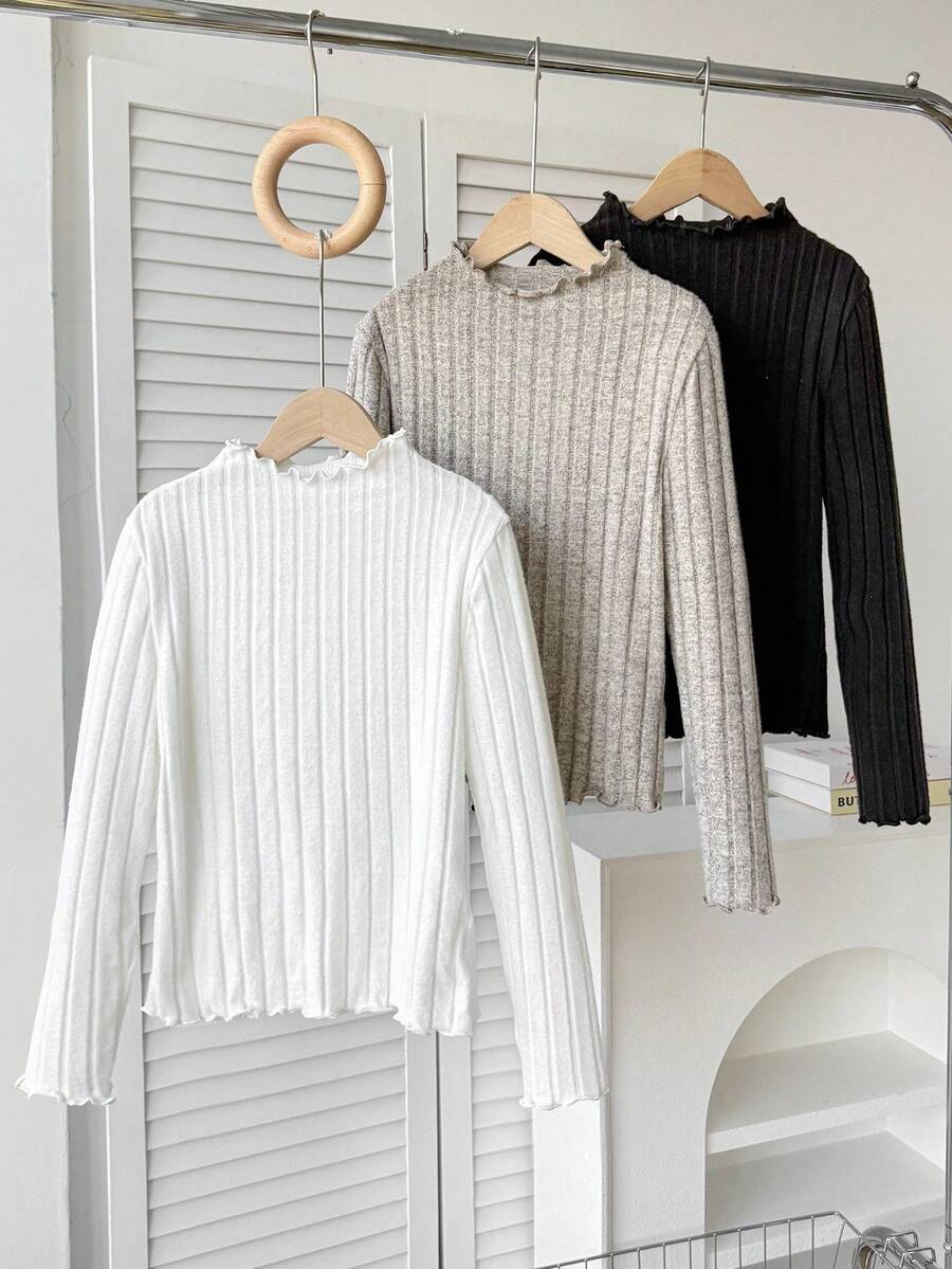 3 件套青少年女孩罗纹立领长袖修身 T 恤，休闲百搭上衣，适合居家和日常穿着，黑色/白色/杏色