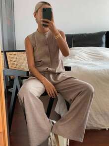 DAZY Women's Crew Neck Sleeveless Top And Loose Fit Pants 2 Pieces Set Lounge Sets For Women - Khaki - View 6