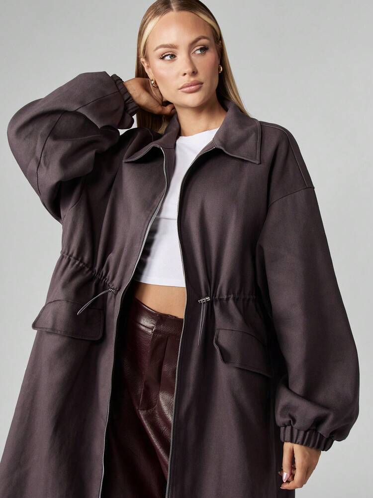 MISSGUIDED 棉質長版冬外套 大尺寸高時尚腰帶設計 全長風衣外衣 優雅長袖夾克 寬領 秋冬時尚 - 灰色 - 查看 4