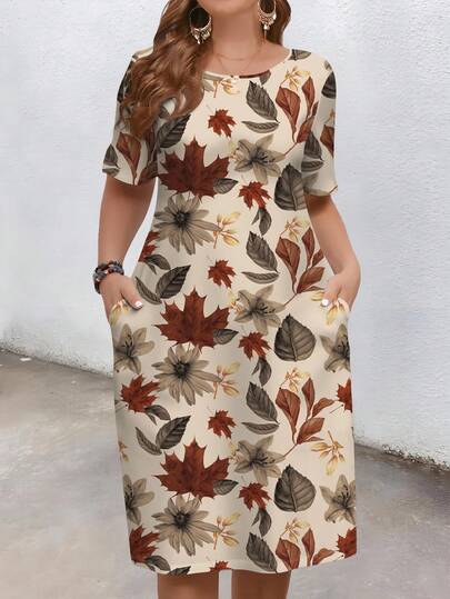 EMERY ROSE Vestido casual de talla grande con estampado de hojas vintage, adecuado para primavera/verano