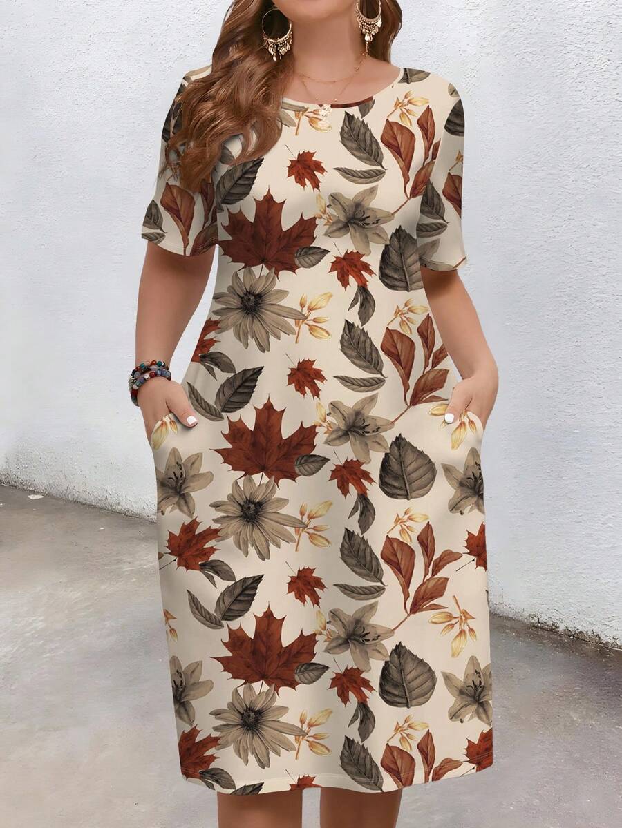 EMERY ROSE 休闲复古树叶印花大码连衣裙，适合春夏季 - 杏色 - 查看 1