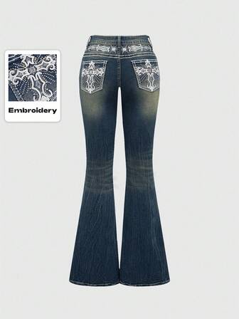 Grunge Punk Jeans taille basse évasé vintage Y2K pour femmes avec poches brodées de croix