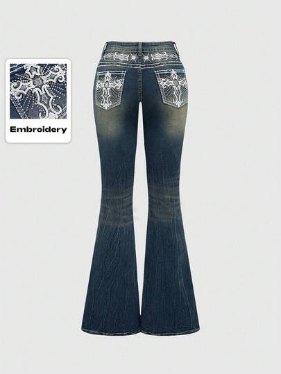 Grunge Punk Jeans a vita bassa a vita bassa con ricamo a croce sulle tasche, in stile vintage Y2K, per donna