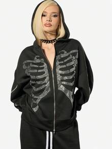 SUMWON WOMEN Oversized Rhinestone Skeleton Zip Through Hoodie With Full Front Zipper Gothic Halloween Statement Pullover - Black - View 8