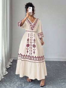 Elenzga Plus Size Women Placement Retro Print Beach Dress, Bohemian Style - Apricot - View 5