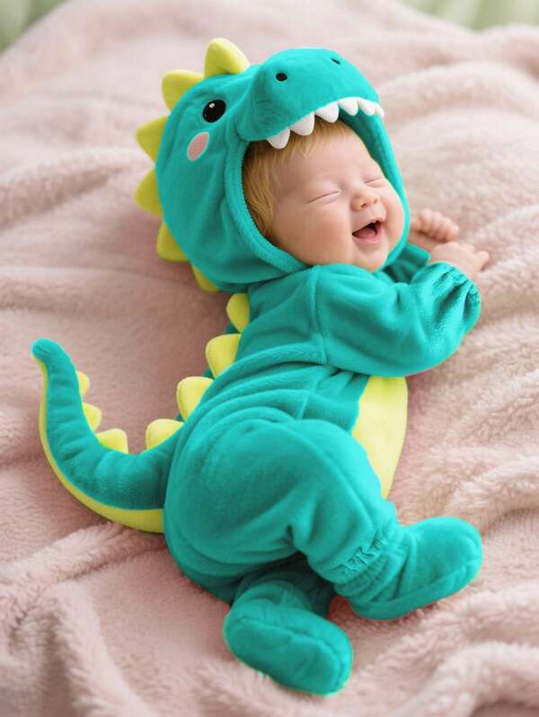 SHEIN Barboteuse mignonne en peluche 3D en forme de dinosaure pour nouveau-né, avec manches longues et pantalon