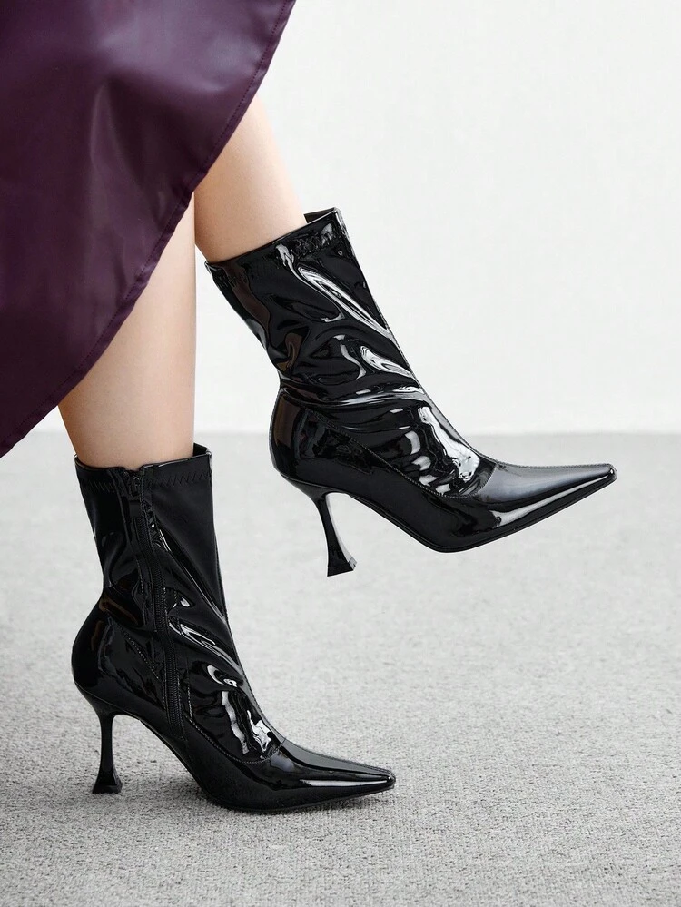 CUCCOO BIZCHIC Women's Fashion Burgundy Elegant Metallic Buckle High Heel Boots, Black Pointed Toe Ankle Boots